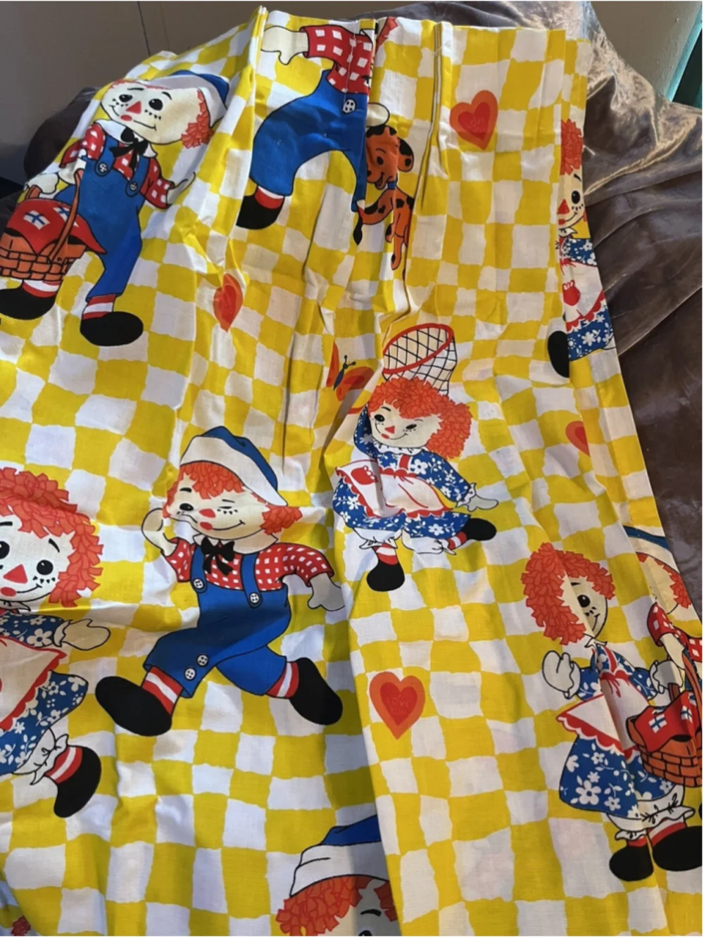 vintage raggedy ann and andy curtain panel pair set yellow checkered SEE PICTURE